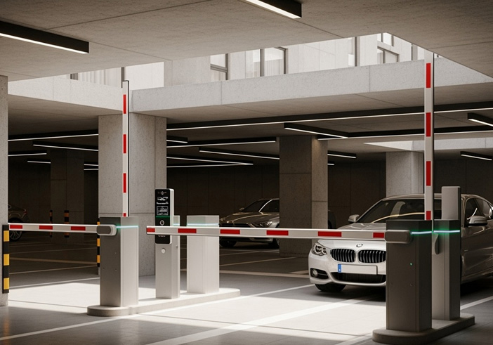Automated barrier gate system in a covered parking garage