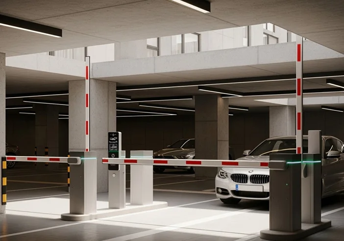 Automated barrier gate system in a covered parking garage